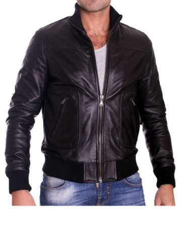 NOORA Men's  Lambskin Leather Black Bomber Jacket With Zipper,Cafe Racer Riding ,Slim Fit | Stand Up Collar | rt125