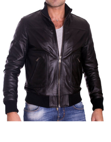 NOORA Men's  Lambskin Leather Black Bomber Jacket With Zipper,Cafe Racer Riding ,Slim Fit | Stand Up Collar | ST018