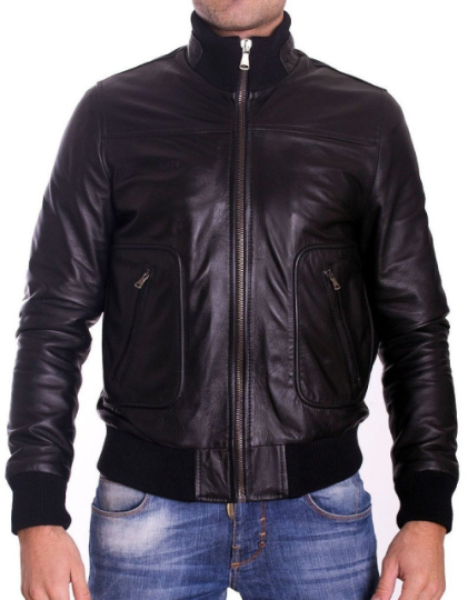 NOORA Men's  Lambskin Leather Black Bomber Jacket With Zipper,Cafe Racer Riding ,Slim Fit | Stand Up Collar | rt125