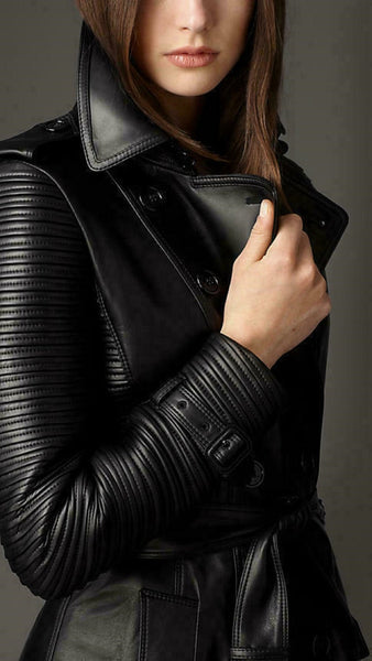 Noora New Stylish Women Black Genuine Lambskin Leather Trench Coat, Designer Party & Club wear Trench coat WA5