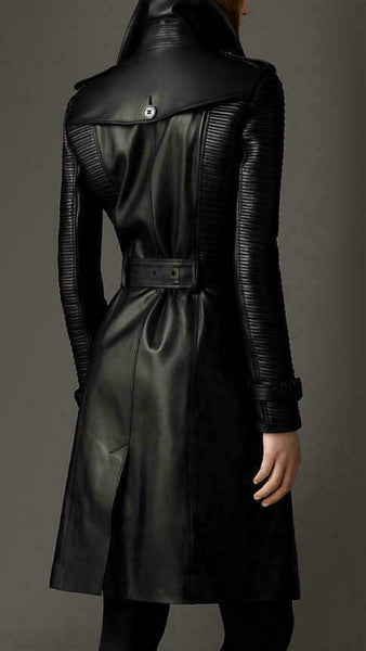 Noora New Stylish Women Black Genuine Lambskin Leather Trench Coat, Designer Party & Club wear Trench coat WA5