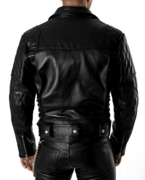 NOORA New Genuine Lambskin Leather Designer  Black Men's Motor Bike Jacket With Quilted Panel , Zipped Pocket Jacket , Black Quilted  Leather Jacket ,  Zipper Jacket , Zip On Sleeves Jacket | Snap On Collar | Black Colour Jacket | Belted Jacket |  ST10