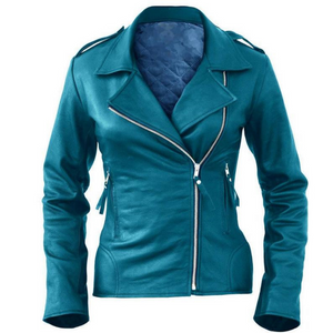 Noora Womens  Lambskin Ocan Blue Leather Biker Jacket With Zipper & Pocket | Shoulder Strap | Full Sleeves | ST023