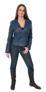 NOORA Women  100% Lambskin Genuine Leather BLUE Jacket Slim Fit Jacket with Zipper & Pockets UN03