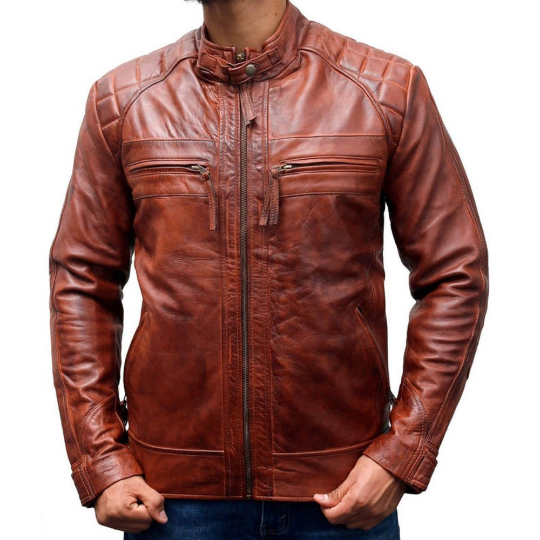 NOORA Men's Lambskin Leather Classic Diamond Brown Leather Jacket , Mens Quilted Jacket With Zipper & Pocket | rt345