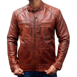 NOORA Men's Lambskin Leather Classic Diamond Brown Leather Jacket , Mens Quilted Jacket With Zipper & Pocket | rt345