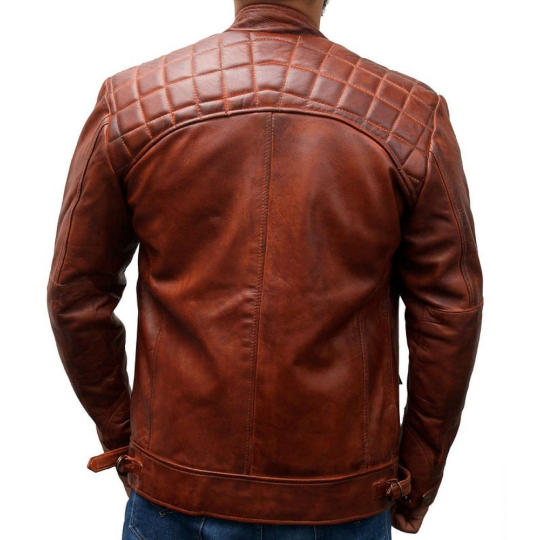 NOORA Men's Lambskin Leather Classic Diamond Brown Leather Jacket , Mens Quilted Jacket With Zipper & Pocket | rt345