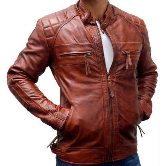 NOORA Men's Lambskin Leather Classic Diamond Brown Leather Jacket , Mens Quilted Jacket With Zipper & Pocket | rt345