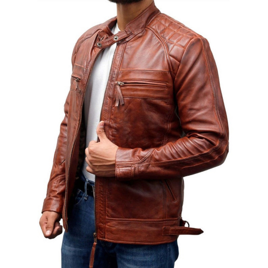 NOORA Men's Lambskin Leather Classic Diamond Brown Leather Jacket , Mens Quilted Jacket With Zipper & Pocket | rt345