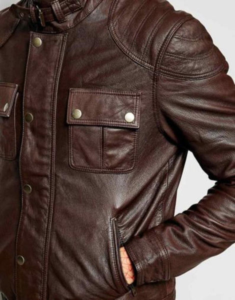 NOORA New Lambskin Mens Antique Brown Leather Jacket, Cowboy Shiny Jacket, Motorcycle American Style Jacket YK096