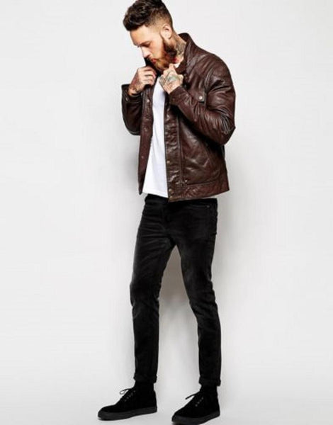 NOORA New Lambskin Mens Antique Brown Leather Jacket, Cowboy Shiny Jacket, Motorcycle American Style Jacket YK096