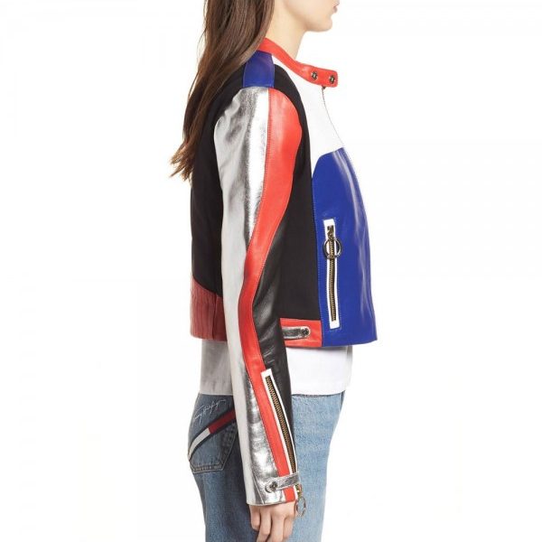 Noora Womens Color Block Leather Jacket  | Multi Color Biker Style Fashion Leather Jacket | American Leather Jacket SU0180