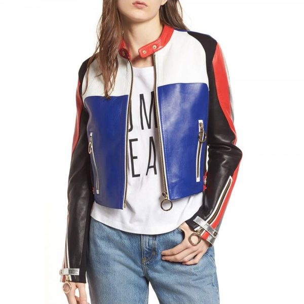Noora Womens Color Block Leather Jacket  | Multi Color Biker Style Fashion Leather Jacket | American Leather Jacket SU0180