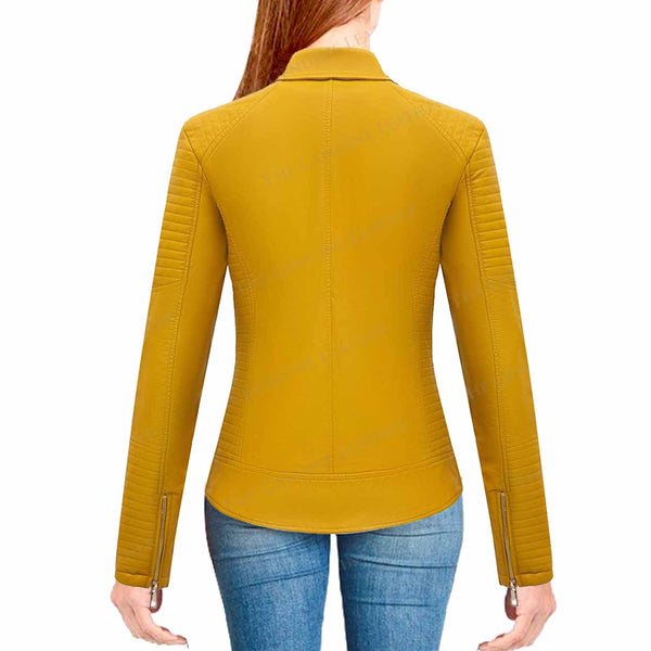Noora Women's Lambskin YELLOW Leather Jacket with snap on collar SN08