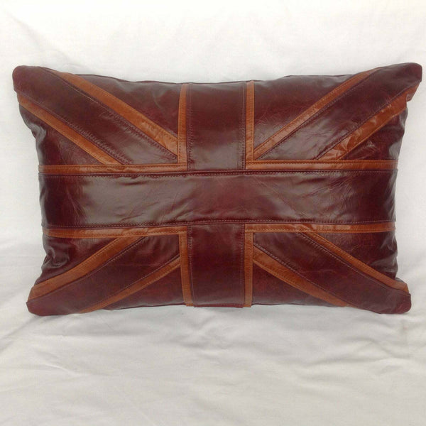 Noora Leather Union Jack Cushion Cover, Maroon & Mango Tan Shape Rectangle Lumbar Cover | Flag Designer Pillow Cover | Leather Throw Cases UN022