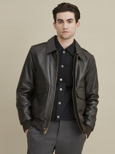 NOORA New Lambskin Mens Dark Brown Leather Jacket, Classic Shiny Bomber Style Leather Jacket l Biker Jacket YK0102