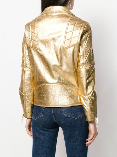 Noora New Women's GOLD Color 100% Lambskin Shiny leather Jacket With Quilted Patches, Belt & Zipped Pocket UN19