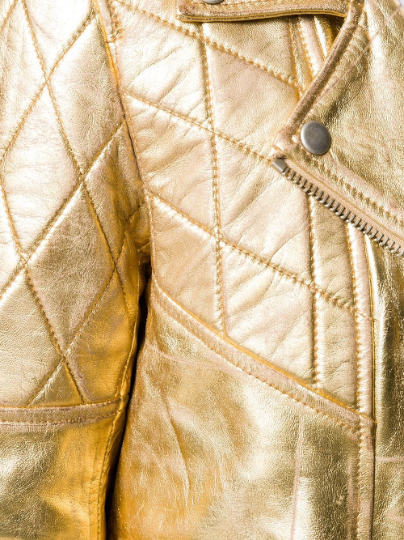 Noora New Women's GOLD Color 100% Lambskin Shiny leather Jacket With Quilted Patches, Belt & Zipped Pocket UN19