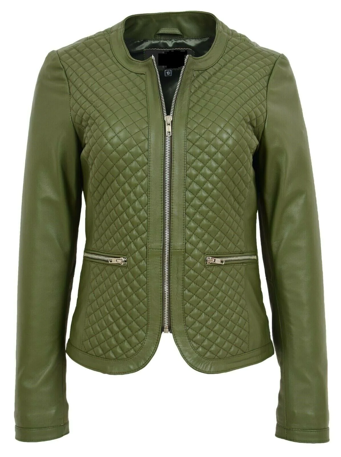 Noora Women Collarless Soft Olive Green Leather Jacket Fitted Quilted slim fit 9