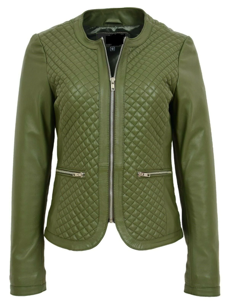 Noora Women Collarless Soft Olive Green Leather Jacket Fitted Quilted slim fit 9