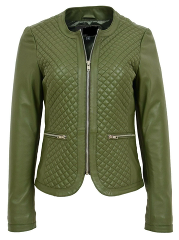 Noora Women Collarless Soft Olive Green Leather Jacket Fitted Quilted slim fit 9