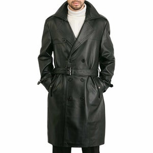Noora Mens  Black Lambskin Leather Trench Coat With Button & Belted | Black Belted Trench Coat SU063