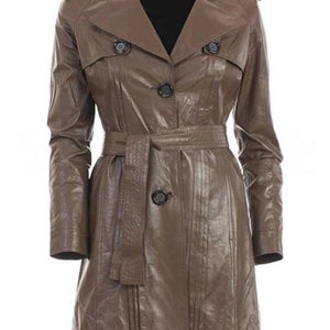 NOORA New Stylish Lambaskin Soft Leather Women Brown Genuine Leather Classic Trench Coat, designer coat, winter coat, long Belted coat-SB419