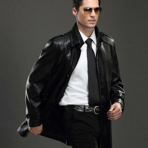 NOORA open trench coat Men's Wedding coat Gift for him outfit BLACK Vintage Long coat Genuine Leather Jacket Retro menswear Sj523