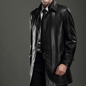 NOORA open trench coat Men's Wedding coat Gift for him outfit BLACK Vintage Long coat Genuine Leather Jacket Retro menswear Sj523