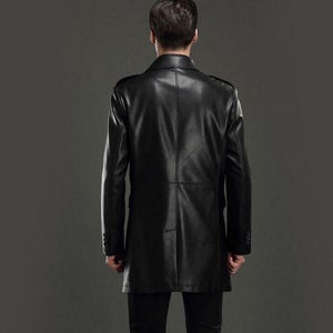 NOORA open trench coat Men's Wedding coat Gift for him outfit BLACK Vintage Long coat Genuine Leather Jacket Retro menswear Sj523