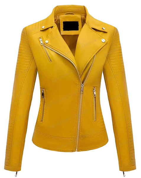 Noora Women's Lambskin YELLOW Leather Jacket with snap on collar SN08