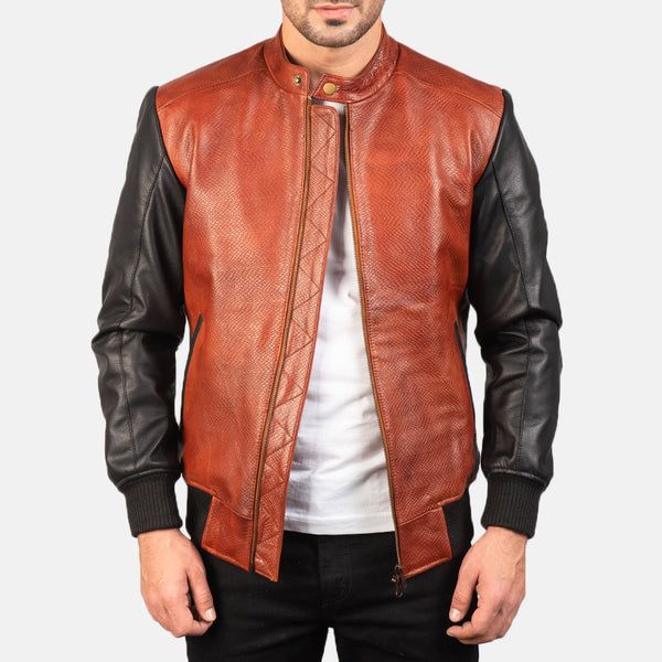 Noora Men's Lambskin Maroon & Black Leather Jacket, Slim fit Motorcycle Retro style Color Block Jacket YK0259