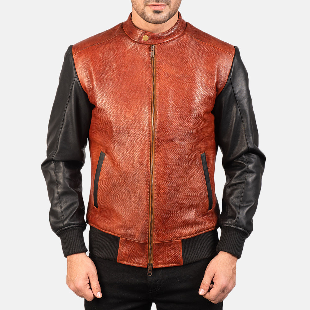 Noora Men's Lambskin Maroon & Black Leather Jacket, Slim fit Motorcycle Retro style Color Block Jacket YK0259