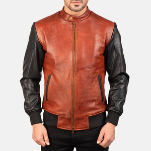 Noora Men's Lambskin Maroon & Black Leather Jacket, Slim fit Motorcycle Retro style Color Block Jacket YK0259
