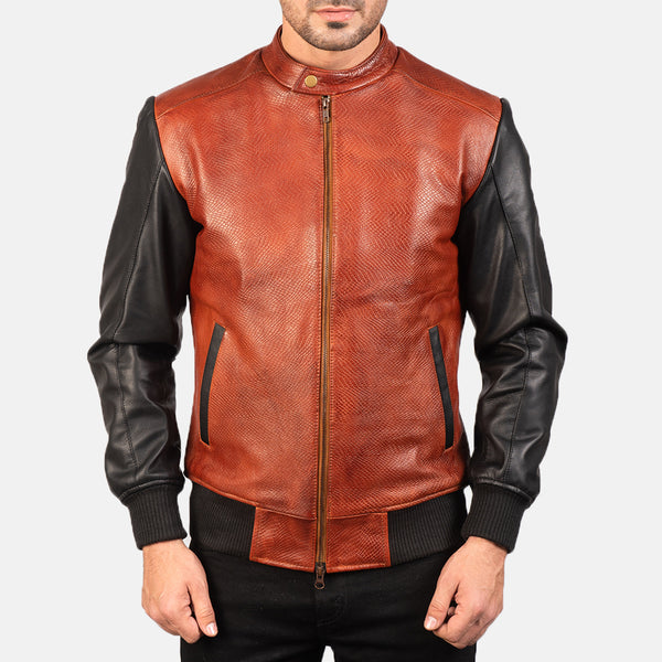 Noora Men's Lambskin Maroon & Black Leather Jacket, Slim fit Motorcycle Retro style Color Block Jacket YK0259