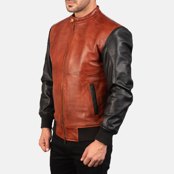 Noora Men's Lambskin Maroon & Black Leather Jacket, Slim fit Motorcycle Retro style Color Block Jacket YK0259
