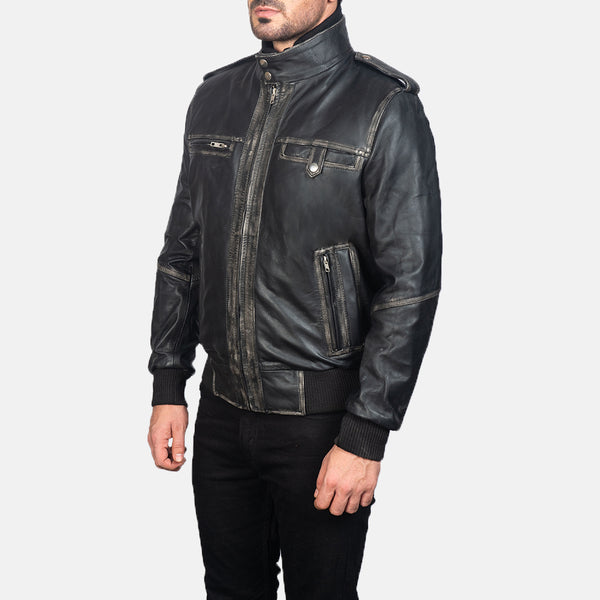 NOORA Authentic Lambskin Men's Black Leather Jacket, Cafe Racer Slim Fit Bomber Jacket YK0256