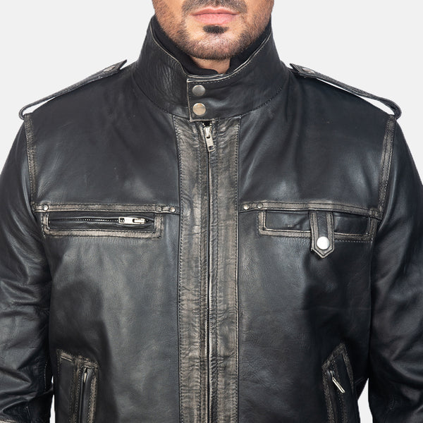 NOORA Authentic Lambskin Men's Black Leather Jacket, Cafe Racer Slim Fit Bomber Jacket YK0256