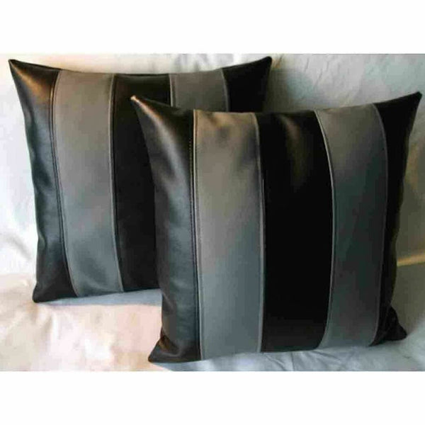 NOORA Designer Leather Pillow Square Cover Decorative For Couch Throw Pillow Handmade Cushion Black & Grey Stripe Paneled Cushion Case SJ10