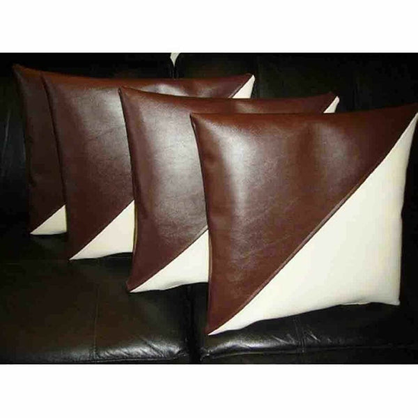 Noora Lambskin Leather Pillow Cover | Designer Brown & Cream White Leather Throw Cover | Decorative Sofa Cushion Cases SJ344