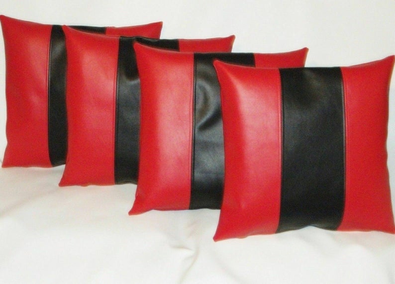 Noora Lambskin Leather Square Cushion Cover | Black & Red Modern Decorative Accent Throw Pillow Cover for Couch Sofa, SJ113