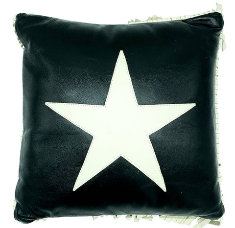 NOORA Lambskin leather Star shap , side fringe Pillow cover Black & white, Square Leather Pillow Cover Housewarming Gift,Halloween, PS74