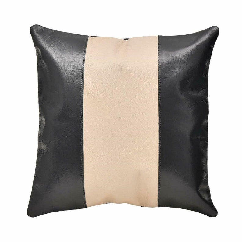 Noora Lambskin Leather Pillow Cover | Black & Cream Striped Leather Square Cushion Cover | Decorative Sofa Throw Cases | Home Decor Housewarming gift SJ402
