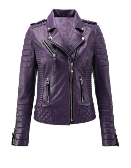 NOORA Womens Lambskin Purple Leather Biker Quilted Jacket With Zipper & Pocket | Snap On Collar | Belted Jacket | RT445