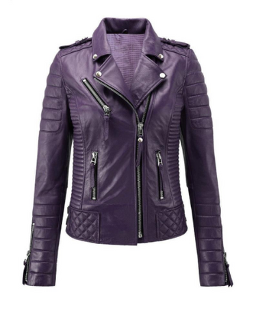 NOORA Womens Lambskin Purple Leather Biker Quilted Jacket With Zipper & Pocket | Snap On Collar | Belted Jacket | ST045