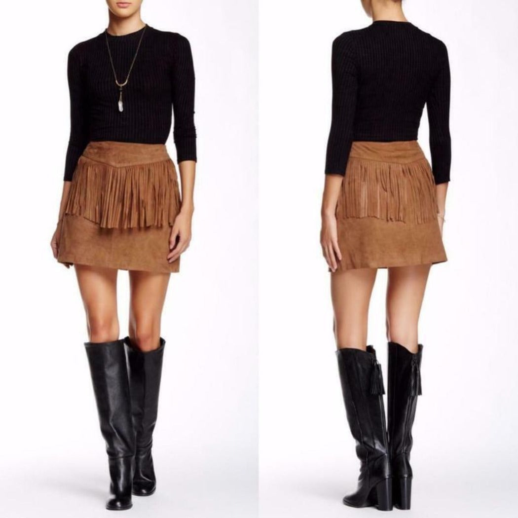 NOORA Women Suede Leather Mini Skirt, Brown Riley Fringed Cowgirl Mini SKIRT, Short Skirt-SJ149