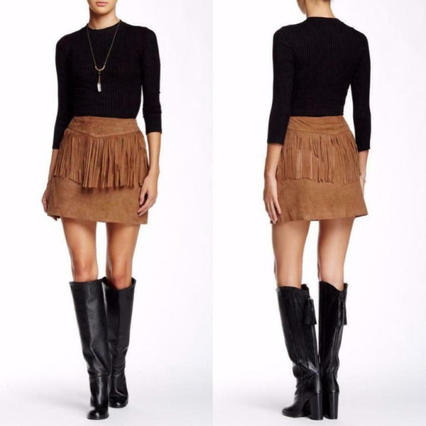 NOORA Women Suede Leather Mini Skirt, Brown Riley Fringed Cowgirl Mini SKIRT, Short Skirt-SJ149