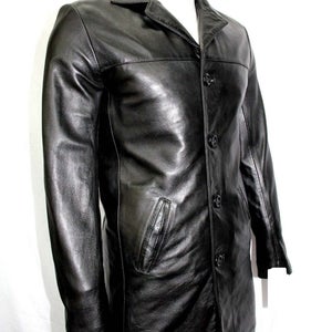 NOORA NEW 1970's Classic Men's Casual Overcoat Knee Length Style with buttons Black Real Leather Tre