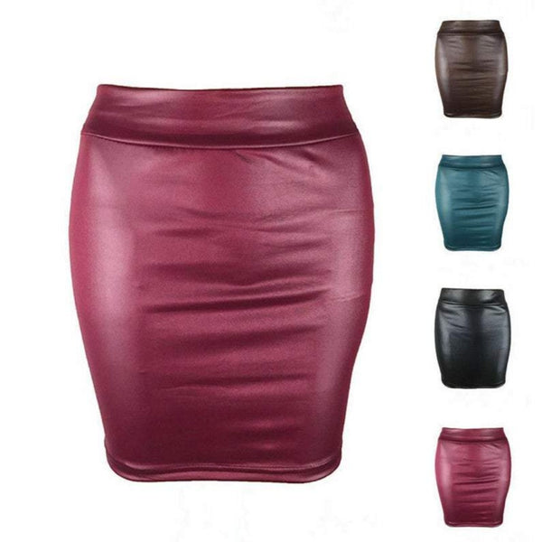 NOORA New Handmade Women's Ladies Burgundy Leather Look Elasticated Waist Mini Lambskin Leather Skirt WA96