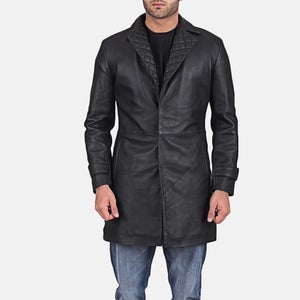 NOORA NEW Men's Leather Black Trench Lambskin Leather Jacket Long Trench coat With Quilted Knotch Lapel classic trench coat SB186
